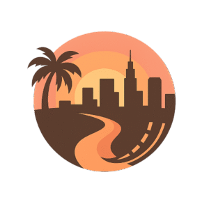 Sunset view with a silhouetted skyline, palm tree, and a winding road, all within a glowing, circular frame.